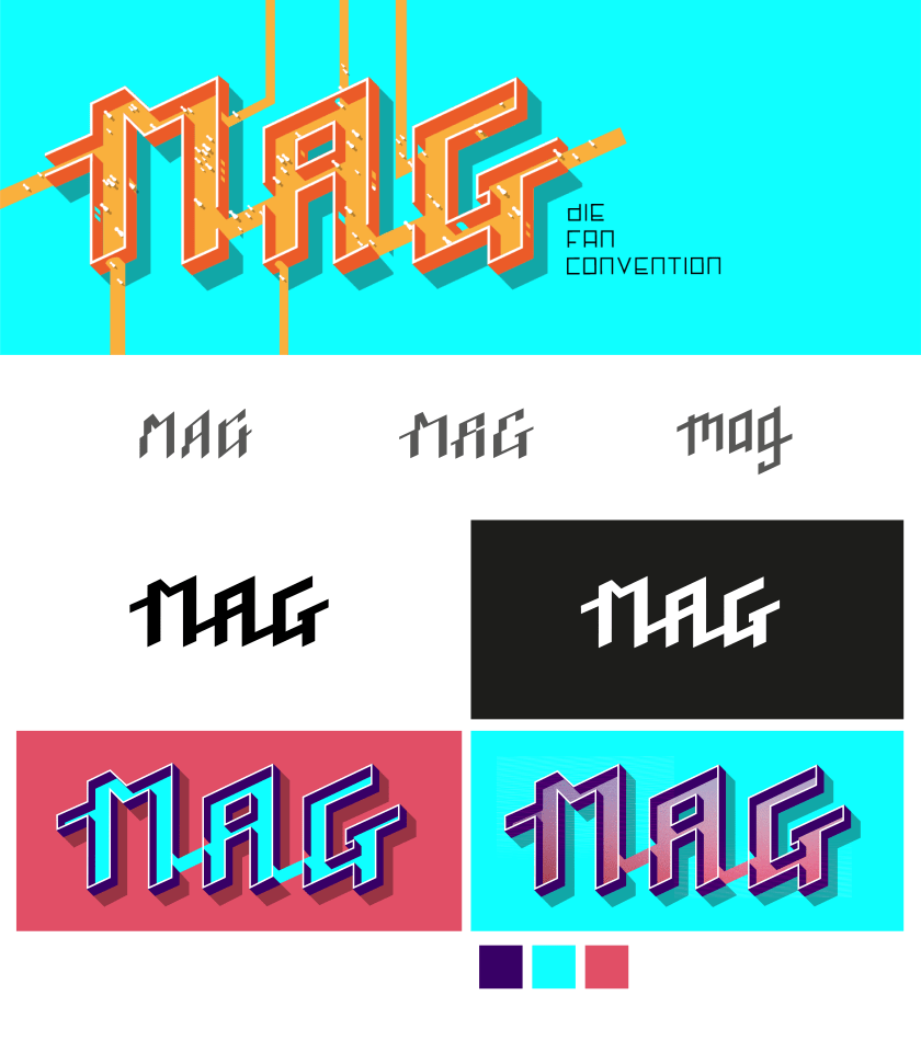 Several images showing the development of the logo for MAG, a fan convention.