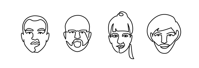 Different faces of people drawn with a thin black line and without breaks.