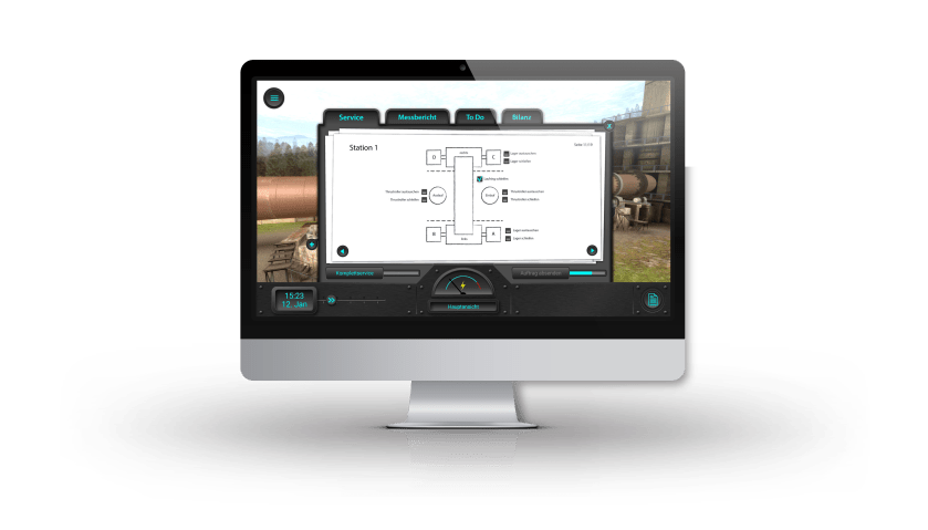 A screen shows the simulation app of a concrete kiln with the user interface.
