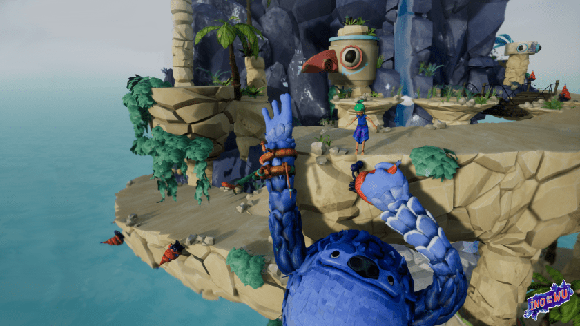 The Wu is shown hanging on a snail at a tower, reaching up with his right hand. Ino is standing above it looking down.